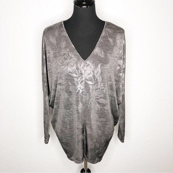 WHBM silver metallic black feather print dolman sleeve top size Small - Picture 1 of 12